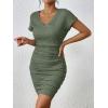 imageSweatyRocks Womens Ruched Side Bodycon Dress V Neck Short Sleeve T Shirt Short Mini DressDark Green