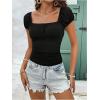 imageSweatyRocks Womens Ruched Square Neck T Shirt Cap Short Sleeve Slim Fitted Casual Tee TopsBlack