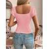 imageSweatyRocks Womens Ruched Square Neck T Shirt Cap Short Sleeve Slim Fitted Casual Tee TopsPink
