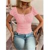 imageSweatyRocks Womens Ruched Square Neck T Shirt Cap Short Sleeve Slim Fitted Casual Tee TopsPink