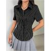 imageSweatyRocks Womens Striped Button Down Shirt Short Sleeve Collared Fitted Work Office Blouse Dressy TopsBlack