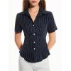 imageSweatyRocks Womens Striped Button Down Shirt Short Sleeve Collared Fitted Work Office Blouse Dressy TopsBlue