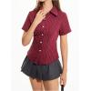 imageSweatyRocks Womens Striped Button Down Shirt Short Sleeve Collared Fitted Work Office Blouse Dressy TopsRed
