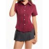 imageSweatyRocks Womens Striped Button Down Shirt Short Sleeve Collared Fitted Work Office Blouse Dressy TopsRed
