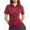 imageSweatyRocks Womens Striped Button Down Shirt Short Sleeve Collared Fitted Work Office Blouse Dressy TopsRed