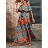 imageSweatyRocks Womens Tropical Print Off Shoulder Belted Dress Short Sleeve Ruffle Trim Split Maxi DressesBlue Orange
