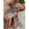 imageSweatyRocks Womens Tropical Print Off Shoulder Belted Dress Short Sleeve Ruffle Trim Split Maxi DressesBlue Orange