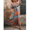 imageSweatyRocks Womens Tropical Print Off Shoulder Belted Dress Short Sleeve Ruffle Trim Split Maxi DressesBlue Orange