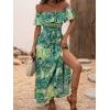imageSweatyRocks Womens Tropical Print Off Shoulder Belted Dress Short Sleeve Ruffle Trim Split Maxi DressesGreen