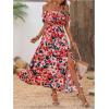 imageSweatyRocks Womens Tropical Print Off Shoulder Belted Dress Short Sleeve Ruffle Trim Split Maxi DressesRed Blue