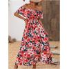 imageSweatyRocks Womens Tropical Print Off Shoulder Belted Dress Short Sleeve Ruffle Trim Split Maxi DressesRed Blue