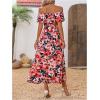 imageSweatyRocks Womens Tropical Print Off Shoulder Belted Dress Short Sleeve Ruffle Trim Split Maxi DressesRed Blue