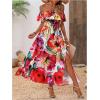 imageSweatyRocks Womens Tropical Print Off Shoulder Belted Dress Short Sleeve Ruffle Trim Split Maxi DressesRed Orange