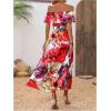 imageSweatyRocks Womens Tropical Print Off Shoulder Belted Dress Short Sleeve Ruffle Trim Split Maxi DressesRed Orange