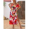 imageSweatyRocks Womens Tropical Print Off Shoulder Belted Dress Short Sleeve Ruffle Trim Split Maxi DressesRed Orange