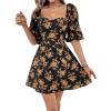 imageSweatyRocks Womens Floral Print Sweetheart Neck Mini Dress Short Puff Sleeve A Line DressesBlack