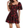 imageSweatyRocks Womens Floral Print Sweetheart Neck Mini Dress Short Puff Sleeve A Line DressesRed and Black
