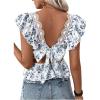 imageSweatyRocks Womens Floral Printed Lace Blouses Tie Back Ruffle Sleeve Square Neck Peplum TopsBlue and White