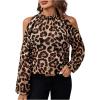 imageSweatyRocks Womens Long Sleeve Mock Neck Cold Shoulder Leopard Print Sheer Blouses TopsBrown