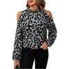 imageSweatyRocks Womens Long Sleeve Mock Neck Cold Shoulder Leopard Print Sheer Blouses TopsGrey