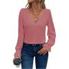 imageSweatyRocks Womens Long Sleeve Shirts Dressy Casual Lace Trim V Neck Tops for WorkPink