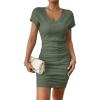 imageSweatyRocks Womens Ruched Side Bodycon Dress V Neck Short Sleeve T Shirt Short Mini DressDark Green