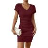 imageSweatyRocks Womens Ruched Side Bodycon Dress V Neck Short Sleeve T Shirt Short Mini DressRusty Rose