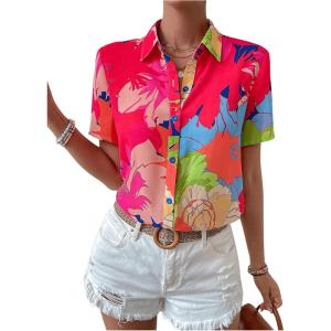 imageSweatyRocks Womens Boho Sheer Floral Print Short Sleeve Button Down Blouse Shirt TopsHot Pink