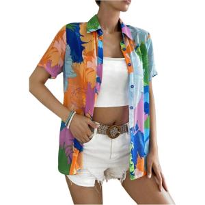 imageSweatyRocks Womens Boho Sheer Floral Print Short Sleeve Button Down Blouse Shirt TopsMulticolor