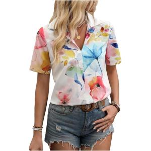 imageSweatyRocks Womens Boho Sheer Floral Print Short Sleeve Button Down Blouse Shirt TopsWhite Blue