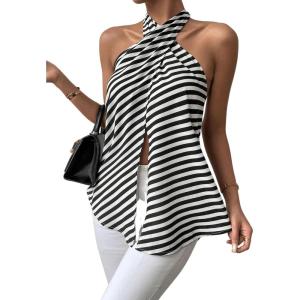 imageSweatyRocks Womens Criss Cross Tie Back Halter Tank Top Sleeveless Stripe Print Split Blouse ShirtBlack and White
