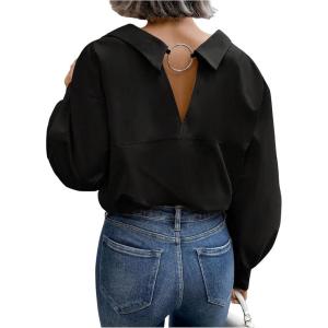 imageSweatyRocks Womens Cut Out Back Button Down Collared Blouses Long Sleeve Shirt TopsBlack