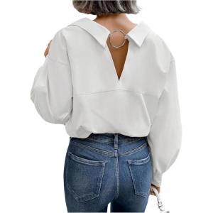 imageSweatyRocks Womens Cut Out Back Button Down Collared Blouses Long Sleeve Shirt TopsWhite