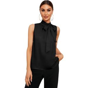 imageSweatyRocks Womens Elegant Sleeveless Stand Collar Tie Neck Blouse Tank TopBlack