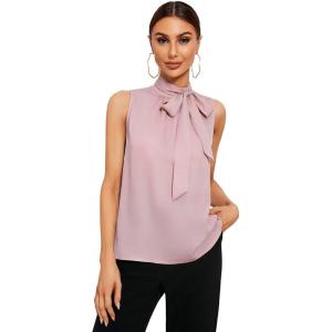 imageSweatyRocks Womens Elegant Sleeveless Stand Collar Tie Neck Blouse Tank TopDusty Pink