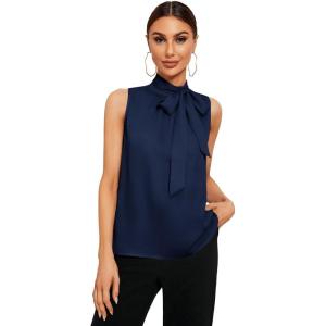 imageSweatyRocks Womens Elegant Sleeveless Stand Collar Tie Neck Blouse Tank TopNavy Blue