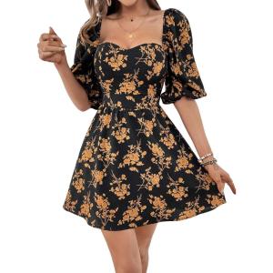 imageSweatyRocks Womens Floral Print Sweetheart Neck Mini Dress Short Puff Sleeve A Line DressesBlack