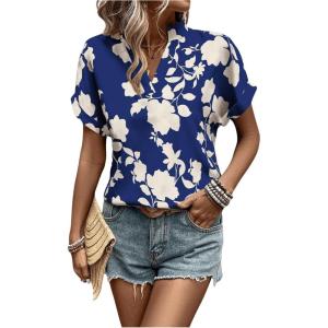 imageSweatyRocks Womens Floral Print V Neck Shirts Short Sleeve Casual Blouse TopsBlue
