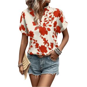 imageSweatyRocks Womens Floral Print V Neck Shirts Short Sleeve Casual Blouse TopsRed and White