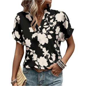 imageSweatyRocks Womens Floral Print V Neck Shirts Short Sleeve Casual Blouse TopsWhite and Black