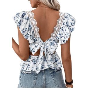 imageSweatyRocks Womens Floral Printed Lace Blouses Tie Back Ruffle Sleeve Square Neck Peplum TopsBlue and White