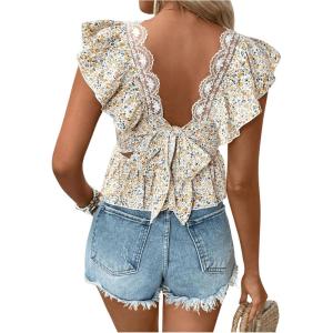 imageSweatyRocks Womens Floral Printed Lace Blouses Tie Back Ruffle Sleeve Square Neck Peplum TopsMulticolor