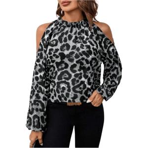 imageSweatyRocks Womens Long Sleeve Mock Neck Cold Shoulder Leopard Print Sheer Blouses TopsGrey