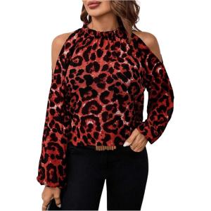 imageSweatyRocks Womens Long Sleeve Mock Neck Cold Shoulder Leopard Print Sheer Blouses TopsRed