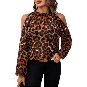 imageSweatyRocks Womens Long Sleeve Mock Neck Cold Shoulder Leopard Print Sheer Blouses TopsRust Brown