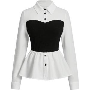 imageSweatyRocks Womens Long Sleeve Ruffle Hem Blouses Button Front Peplum TopsBlack and White
