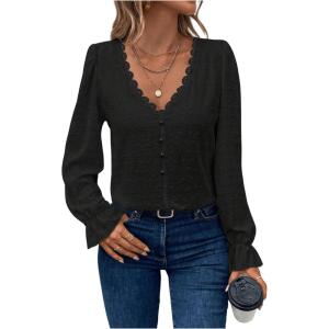 imageSweatyRocks Womens Long Sleeve Shirts Dressy Casual Lace Trim V Neck Tops for WorkBlack