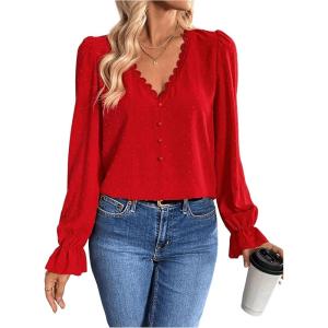 imageSweatyRocks Womens Long Sleeve Shirts Dressy Casual Lace Trim V Neck Tops for WorkRed