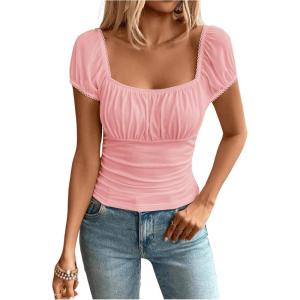 imageSweatyRocks Womens Ruched Square Neck T Shirt Cap Short Sleeve Slim Fitted Casual Tee TopsPink