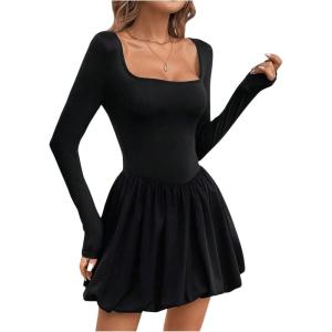 imageSweatyRocks Womens Square Neck Long Sleeve A Line Mini Ruffle Bubble DressesBlack